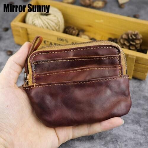 New First Layer Cowhide Genuine Leather Coin Purse Card Holder Ladies Retro Make Old Wrinkled Japanese Zipper Small Wallet