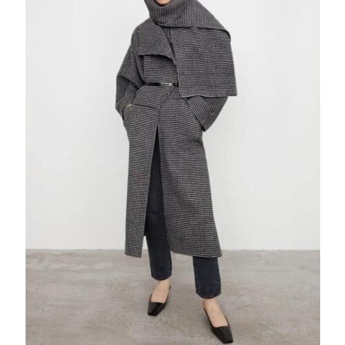 New Ins Fahion Grey Plaid Wool Trench Womens Mid-length Coat Loose Autumn Winter Long Jacket