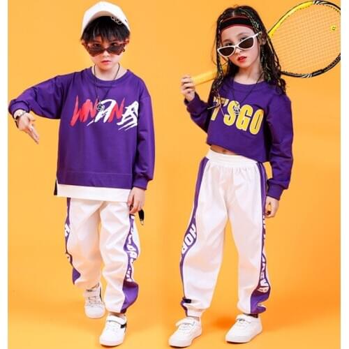 Boys girls Hip Hop Clothing Cropped purple Hoodie Sweatshirt Tops white Pants Dance Costume Ballroom Jazz Dancing Clothes
