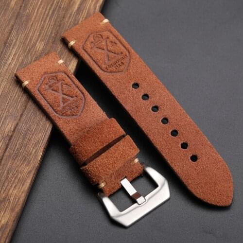 Brown Suede Watchband 20 22 24MM is Suitable For PAM111 441 Soft Nubuck Leather,Strap, Male Strap Skull