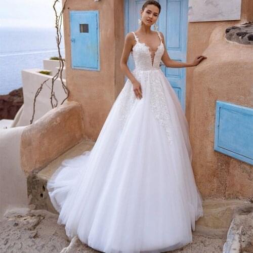 Romantic Ball-Gown White Soft Tulle Appliques Boho Wedding Dress Spaghetti Strap Backless robe de mariage 2020 vestidos de noiva