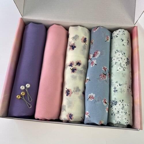 Gift Box Muslim Printed Chiffon Hijab Scarf Arab Headscarf Women Flower Islam Shawls and Wraps Foulard Femme Turbante