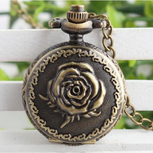 Vintage Bronze Antique Rose Flower Quartz Pocket Watch Necklace Pendant Chian Women Birthday Gifts Relogio