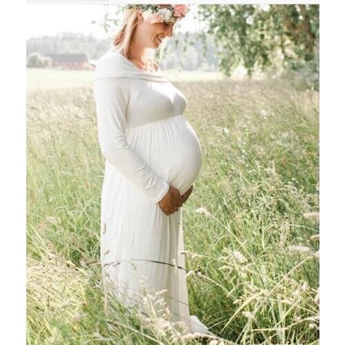 Explosion models womens solid color long-sleeve word shoulder lapel photo mopping long paragraph solid color maternity dress