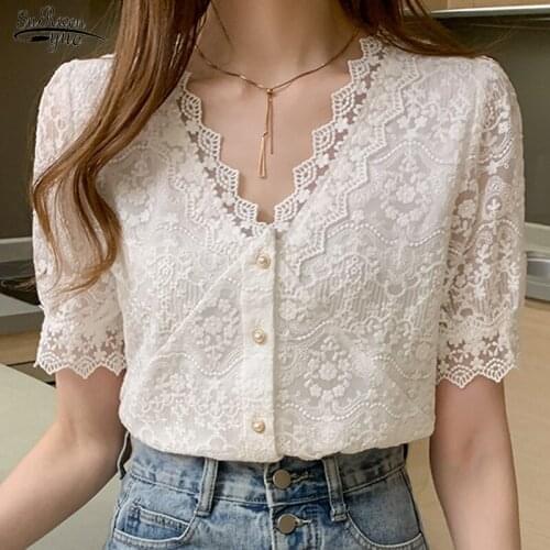 2021 Summer V-neck Short-sleeved Hollow Out Single Breasted Clothing Women Sweet White Lace Shirts Women Tops and Blouse 13985
