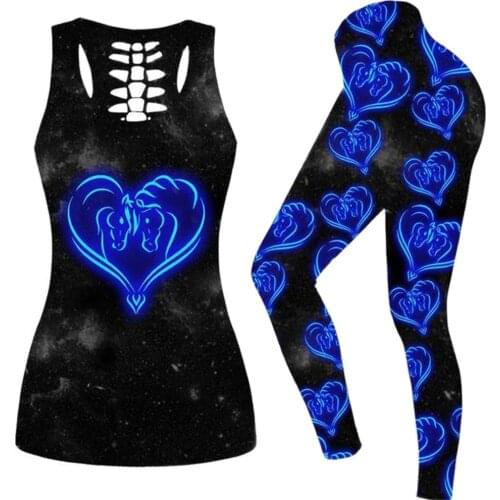 Ladies Summer Wear 2021 Blue Pony Love 3D Printing Fitness Ladies Yoga Set Hollow Vest Tights Set High Waist Elastic Sports