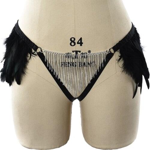 Women Sexy Hollow Pantie Feather Goth Festival Wear Body Harness Cosplay Bondage Lingerie Cage Halloween Rave Harness G-String