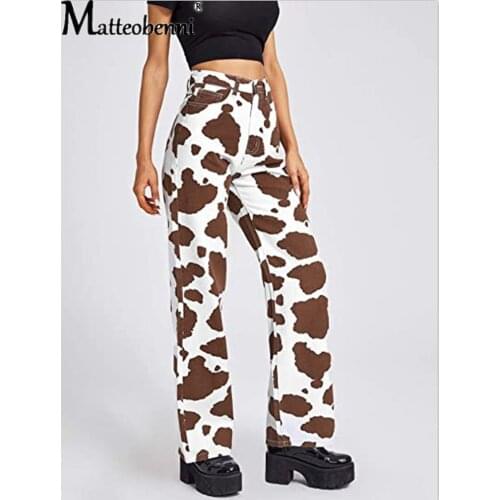 2021 Ladies High-Waist Jeans Personality Print Pattern Harajuku Trousers Fashion Loose Casual Street Women Straight Denim Pants