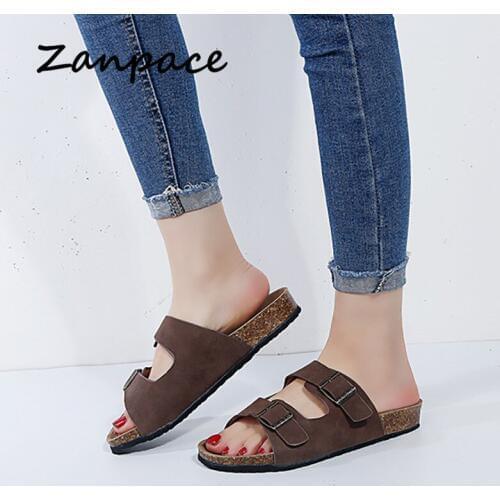 Zanpace 2019 Plus Size 44 Cork Slippers Flat whit Sandals Double Buckle Female Beach Shoes Casual Flip Flops Slip On Slides