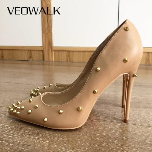 Veowalk Punk Spikes Women Pointed Toe Stiletto High Heels Ladies Slip On Khaki Pumps Sexy Pointy Toe Party Shoes with Rivets
