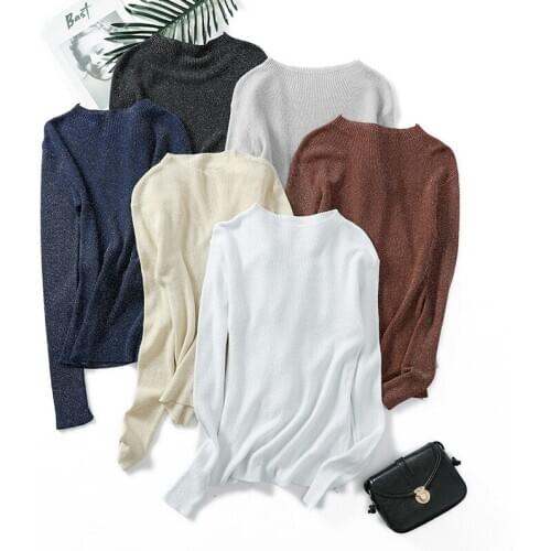 New 2019 Autumn Winter Women Knit Sweater Shiny Lurex Round neck Long Sleeve Solid Color Casual Pullover Sexy Sweater feminino