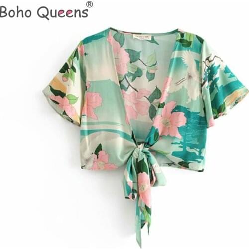 Boho Queens happie women Crane Floral Print Sashes short Kimono Ladies sexy deep V Neck short Sleeves Blouses Blusas
