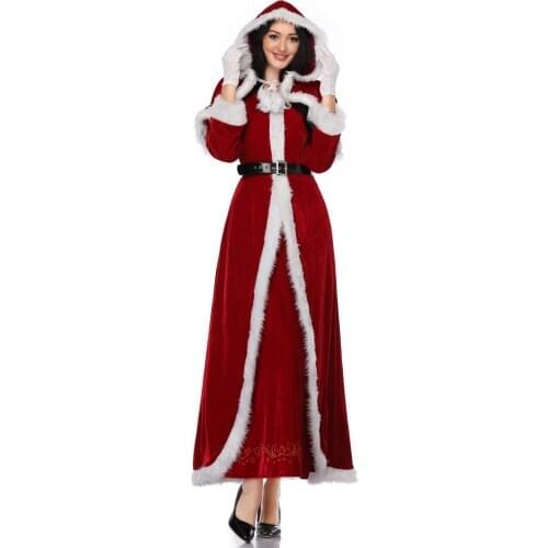 Adult Cosplay Santa Claus Womens Red Flannel Long Dress Xmas Christmas Costumes Sexy Santa Dress Costume