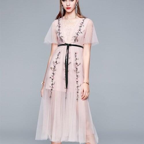 2021 Summer Women Sexy Perspective Short Sleeve Luxuriy Embroidery Floral Dress Elegant Velvet Sashes Bow Mesh Party Dress