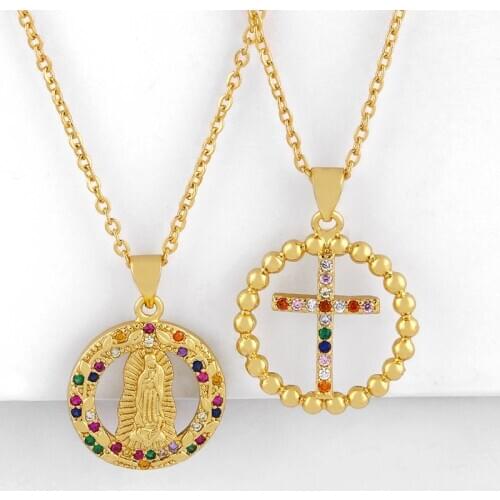 Gold Virgin Mary Pendant Necklaces for Women With Crystal CZ Cross Necklaces Cubic Zirconia Rainbow Jewelry nkeq22
