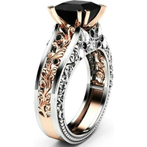 Princess Black / White Zircon Ring Rose Gold Filled Wedding Bridal Jewelry size 5-12