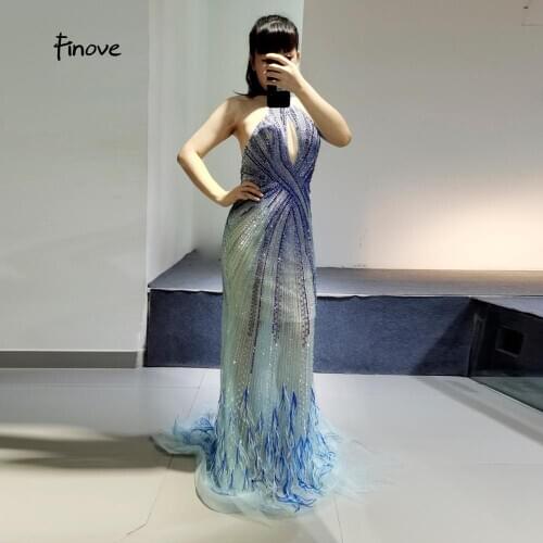 Finove 2020 Sexy Evening Dress Halter Fully Beaded With Feathe Mermaid Floor Length Dress Formal Party Gowns
