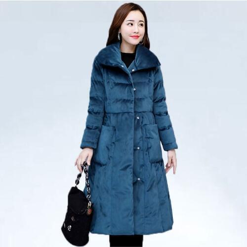 Gold velvet Winter Women Warm Jackets Coats Long Parka Outerwear Cotton with Belt Fashion Jacket Casual Female Thick Coats