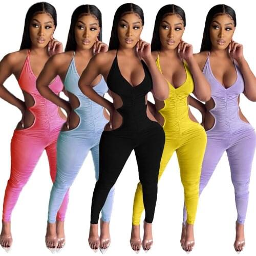 1L220 Summer Women Casual Fashion Solid Skinny Sexy Solid Hollow Out Folds V-neck Jumpsuit Playsuit Rompers Plus Size Hot