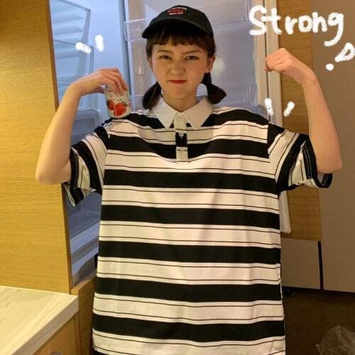 2021 Summer Girly Japanese Lapel Striped Polo Shirt Short-Sleeved t-Shirt Rest Korean Version Ins Loose Summer Blouse