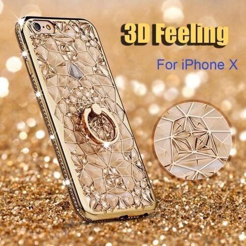 Leanonus Diamond Cases For iPhone X 3D Rugged Glitter Stones Phone Case Capa For iPhone 8 7 Plus X Soft Metal Ring Mobile Cover
