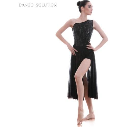 Black/White Sequin Lace and Long Mesh Dress for Ballet, Lyrical and Contemporary Dance Womens Stage Show Costume 17313