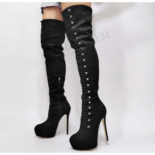 DOBANER Women Thigh High Platform Boots Faux Suede High Heeled Boots Black Army Green Ladies Shoes Woman Big Size 42 44 50 52