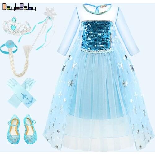 Elsa Snow Queen Gown Classic Girls Costume Blue Inspiration Premium Party Girls Fancy Dress with Cape deguisement enfant fille