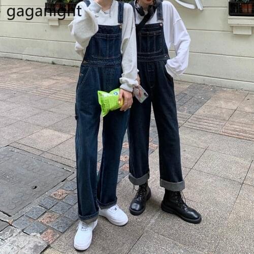 Gaganight Korean Chic Loose High Waist Oversize Overalls Jeans Jumpsuit Women Vintage Stylish Office Lady 2021 Spring New Cargo