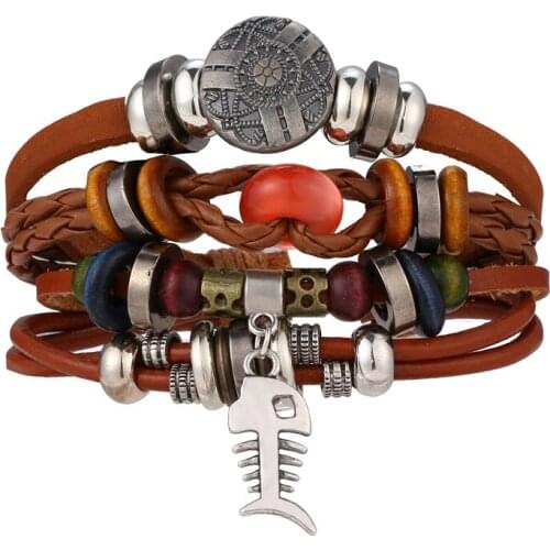 IFMIA Vintage Pendent Fish Leather Bracelet For Men Multiple Layer Beads Braided Bracelets Fashion Wristband Boyfriend Jewelry