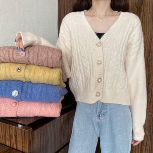 2021 Korean Fashionable Women Casual Cardigans Long Sleeve V Neck Loose Soft Buttons Knitted Jackets Sweater Cardigan Tops