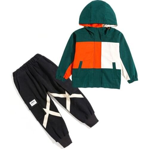 Kids boys spring / autumn suits spell color hooded jacket + pants 2pcs sets of new large child sports suit