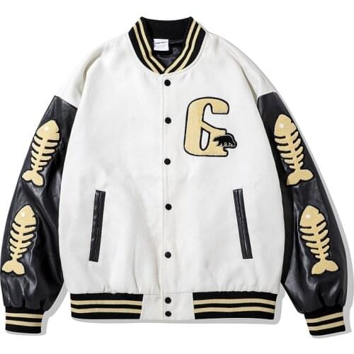 Men PU Leather Long Sleeve Bomber Jackets Vintage Patchwork Bone Embroidery Baseball Jacket 2021 Autumn College Baseball Coats