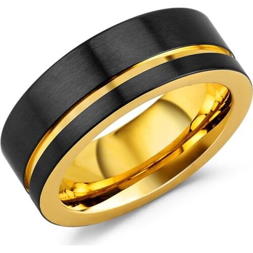 Fashion 8MM Mens Black Gold Tungsten Carbide Stainless steel Ring Beveled Edge Inlay Purple carbon fibre Ring Men Wedding Band