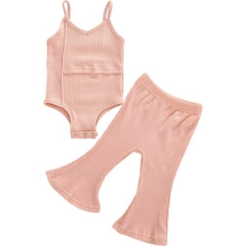 0-3Y Summer Toddler Baby Girl Sets Clothes Solid Cotton 2Pcs Cute Newborn Sleeveless Strap Bodysuit+Long Flare Pants Outfit