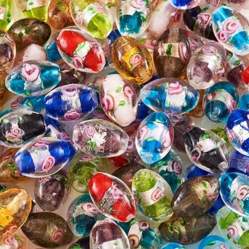 Pandahall 100pc Handmade Foil Glass Lampwork Beads Oval with Flower for Jewelry Making DIY Bracelet Earring Large Bead Mix Color
