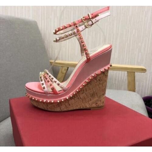 Sexy Gold Spikes Wedge Sandals Pink Green Leather Ankle Strap Rivets Studded Wedge High Platform Summer Dress Shoes Big Size 10