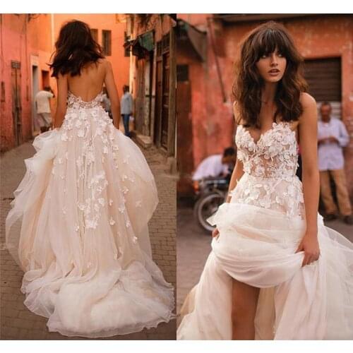 Spaghetti Strap Wedding Dress Backless Plus Size Elegant Garden Country Toddler Bridal Gown Beach Vestido De Noiva Applique Robe