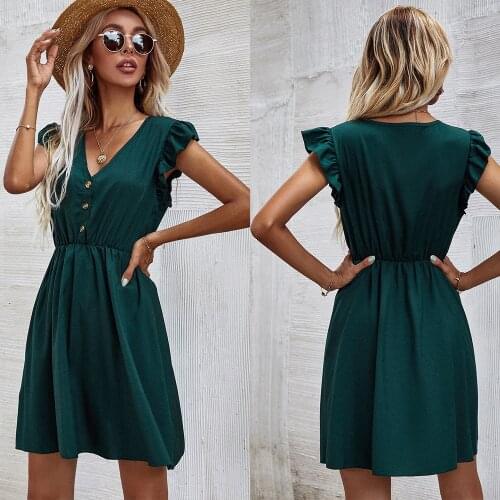 Women Summer Solid Color A-Line Dress For Streetwear Single-Breasted Design Ruffles Decor Butterfly Short Sleeve Slim Mini Dress