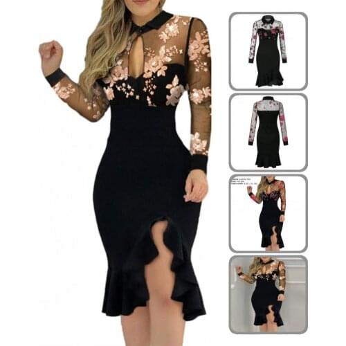 Spring Autumn Attractive Sequined Flower Pattern Split Hem Dress Sexy Formal Dress See Through for Wedding