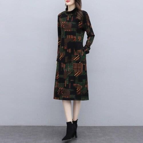Plus Size Long-Slee Dress Mother Dress For Winter New Style Half High Neck A-line Skirt Warm Thick Knitt Bottoming Printed Skirt