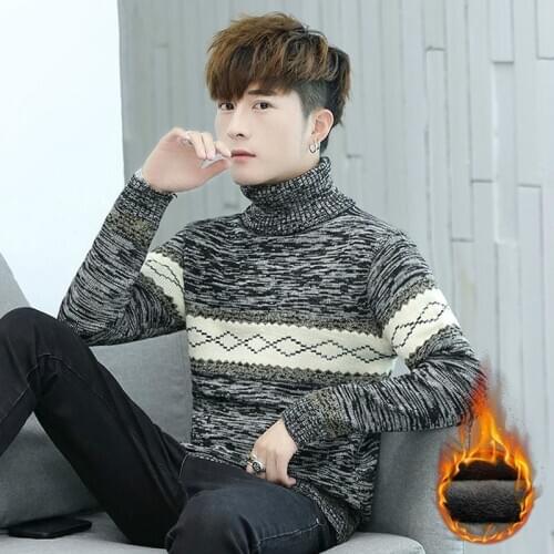 High-necked sweater mens autumn and winter new plus-on plus-thick knit sweater Korean version of the turn-over sweater