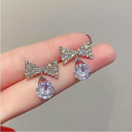 925 Silver Needle Bow Earrings Korean Rhinestone New Retro Stud Earrings