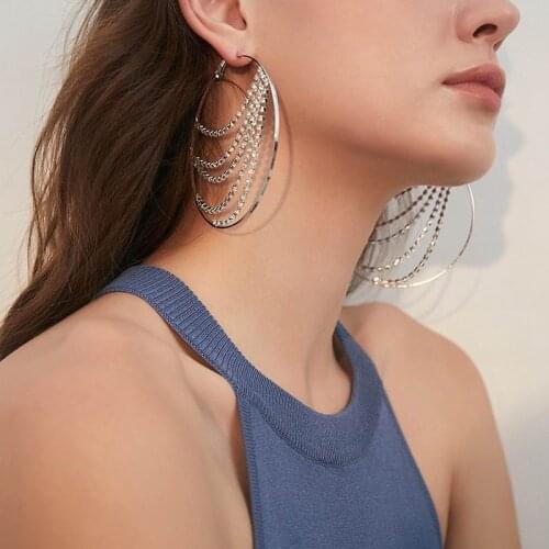 Statement Rhinestone Metallic Round Circle Tassel Big Hoop Earrings For Women Personality Hip Hop New Fashion Jewelry pendientes