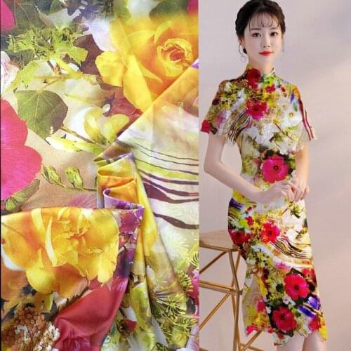 Silks Yellow flowers prints chinese style Cheongsam silk satin fabric for silk dress quality 97% silk 3% spandex tissus au metre