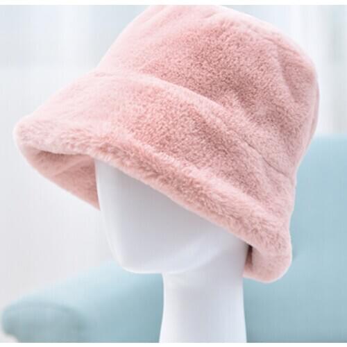 2020 Large Size Chic Women Winter Travel Solid Color Plushy Faux Fur Wide Brim Thick Warm Bucket Cap