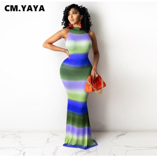CM.YAYA Rainbow Striped Sleeveless Womens Mermaid Maxi Dress for Sexy Party Vintage Bodycon Bandage Floor Length Long Dresses