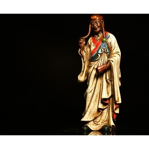 8"China Lucky Old Boxwood Painted Hand-carved Long-browed Lohan Buddha statue The head of the eighteen arhats Office Ornaments