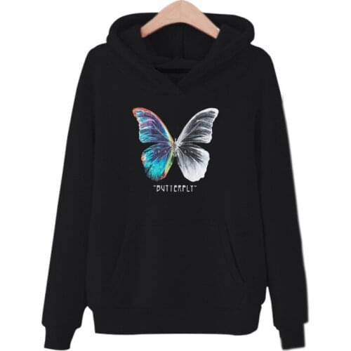 Black Pullover Sweatshirt Winter Top Oversized Hoodie Womens Large Size Retro Long Sleeve Butterfly Print Sportswear2021