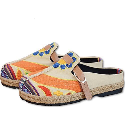 Round Toe Sun Flowers Casual Shoes Woman Flat Vintage Cloth Women Shoes Spring Summer Embroidery Slipper Flats XKD8003